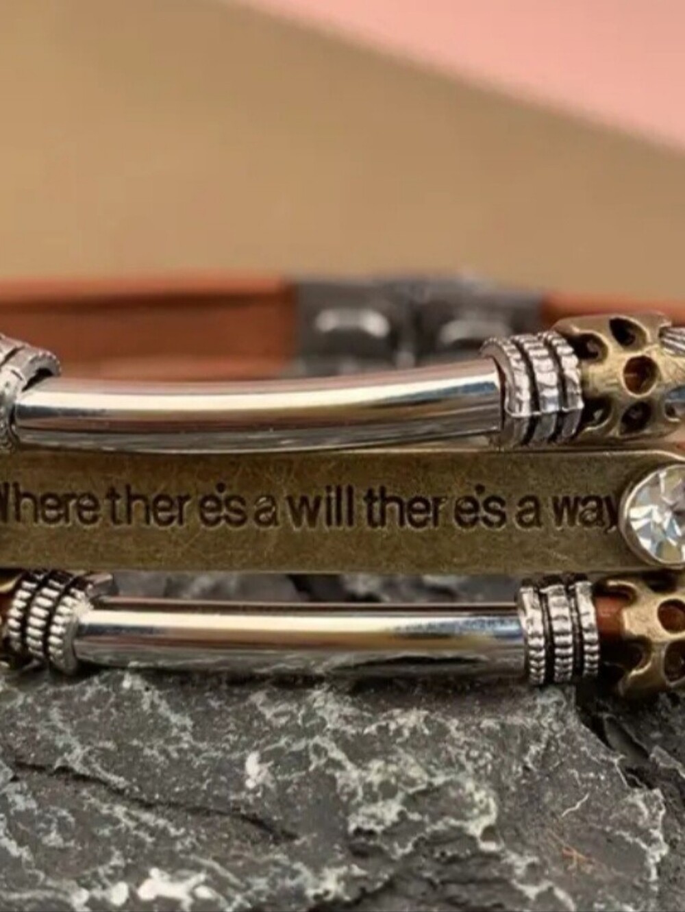 New Sundance Stainless Steel and Leather "WILLPOWER" Bracelet - Picture 4 of 7